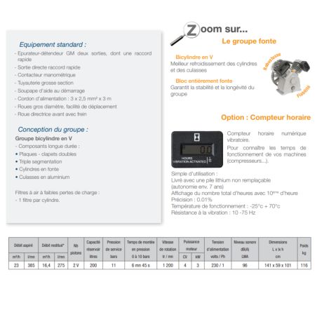 COMPRESSEUR MONOPHASE - 200L - 11 BARS - 23M3 LACME COMPRESSEUR MONOPHASE - 200L - 11 BARS - 23M3 LACME