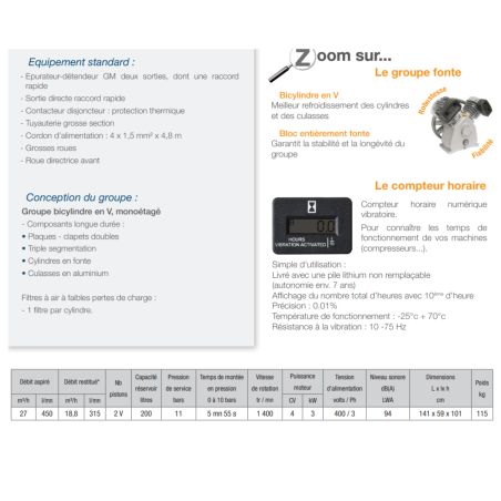 COMPRESSEUR AIR - 200L - 11 BARS - 27M3 - TRIPHASE- BI-CYLINDRE - LACME (EX 4116023710)
