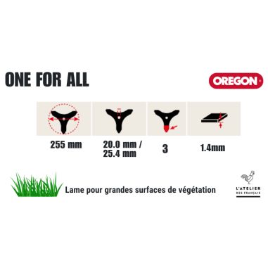 LAME DÉBROUSSAILLAGE UNIVERSELLE 3 DENTS 255 MM -1.4 MM - 25,4 MM - D'ORIGNE OREGON