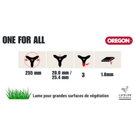 LAME DÉBROUSSAILLAGE UNIVERSELLE3 DENTS 255 MM -1.8 MM - 25,4 MM - D'ORIGNE OREGON