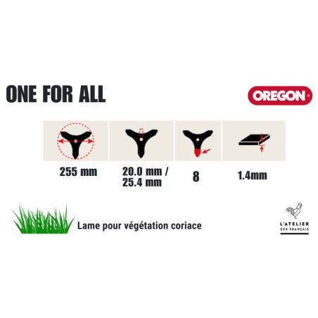 LAME DÉBROUSSAILLAGE ONE FOR ALL 8 DENTS 255 MM -1.4 MM - 20 / 25,4 MM(295503-254) - OREGON