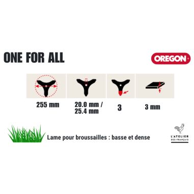 LAME DÉBROUSSAILLAGE UNIVERSELLE 3 DENTS 255 MM - 3 MM - 20 / 25,4 MM - D'ORIGNE - OREGON