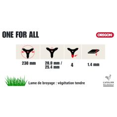 LAME DÉBROUSSAILLAGE UNIVERSELLE 4 DENTS 230 MM -1.4 MM - 25,4 MM - D'ORIGNE OREGON 2