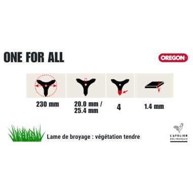 LAME DÉBROUSSAILLAGE UNIVERSELLE 4 DENTS 230 MM -1.4 MM - 25,4 MM - D'ORIGNE OREGON