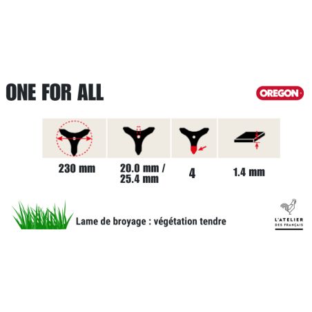 LAME DÉBROUSSAILLAGE UNIVERSELLE 4 DENTS 230 MM -1.4 MM - 25,4 MM - D'ORIGNE OREGON