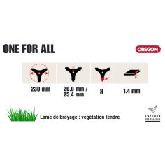 LAME DÉBROUSSAILLAGE UNIVERSELLE 8 DENTS 230 MM -1.4 MM - 25,4 MM - D'ORIGNE OREGON 2