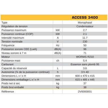 GROUPE ELECTROGENE ACCESS 3400 3.30 KVA MONOPHASE SANS AVR