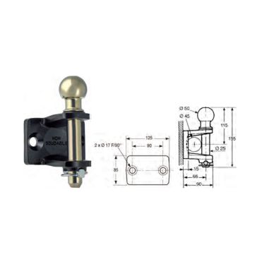 BOULE ATTELAGE + FIXATION 2 trous Diam 17 EA90 LIVREE AVEC VISSERIE 1TR003942 0605P