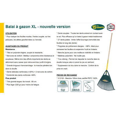 BALAI GAZON - TETE POLYMERE 27 DENTS PLATES- MANCHE BOIS 150 cm, largeur 65cm - LEBORGNE