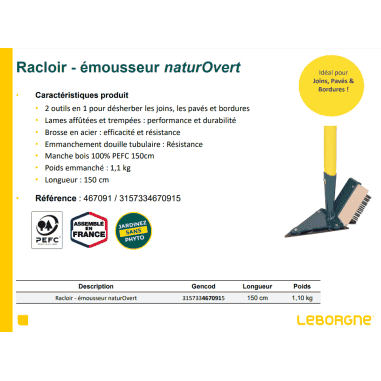 RACLOIR/ÉMOUSSEUR NATUROVERT 16 CM MANCHE BOIS 150 CM CERTIFIÉ PEFC RACLOIR/ÉMOUSSEUR NATUROVERT 16 CM MANCHE BOIS 150 CM CERTIFIÉ PEFC