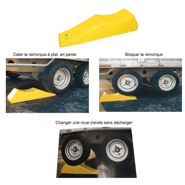 CALE 3 EN 1 JAUNE LONGUEUR : 62 cm LARGEUR : 14 cm HAUTEUR : Entre 11 et 15 cm POIDS MAX : 6 Tonnes/cale