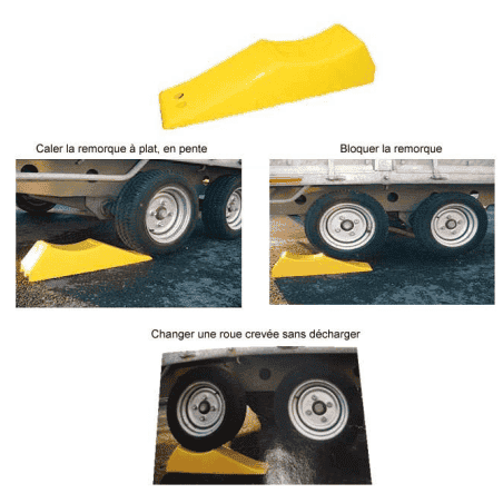CALE 3 EN 1 JAUNE LONGUEUR : 62 cm LARGEUR : 14 cm HAUTEUR : Entre 11 et 15 cm POIDS MAX : 6 Tonnes/cale