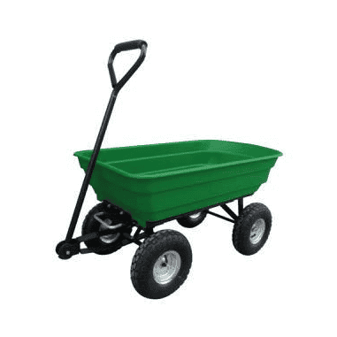 CHARIOT DE JARDIN AVEC BAC VERT EN PLASTIQUE BASCULANT - 75 Litres - 250 KG MAX