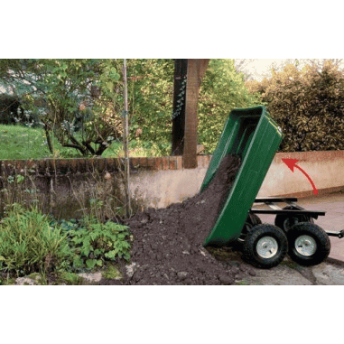 CHARIOT DE JARDIN AVEC BAC VERT EN PLASTIQUE BASCULANT - 75 Litres - 250 KG MAX