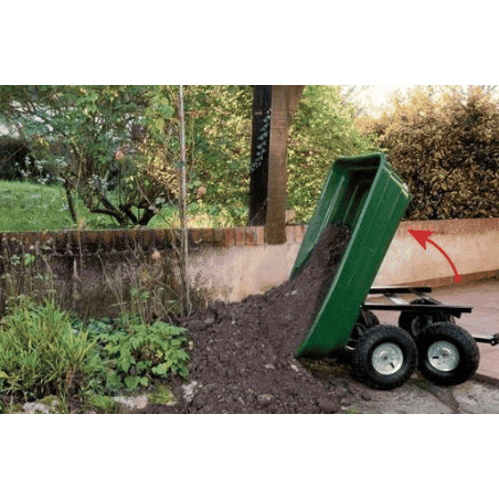 CHARIOT DE JARDIN AVEC BAC VERT EN PLASTIQUE BASCULANT - 75 Litres - 250 KG MAX