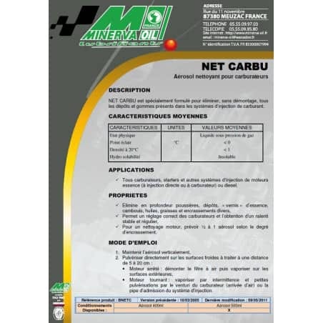 BOMBE DE 500ml DE NETTOYANT DE CARBURATEUR - MINERVA