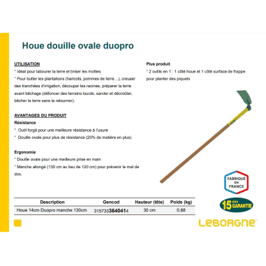 HOUE DUOPRO DOUILLE OVALE 52X35 FORGÉE 14 CM MANCHE BOIS 130CM PEFC 100%