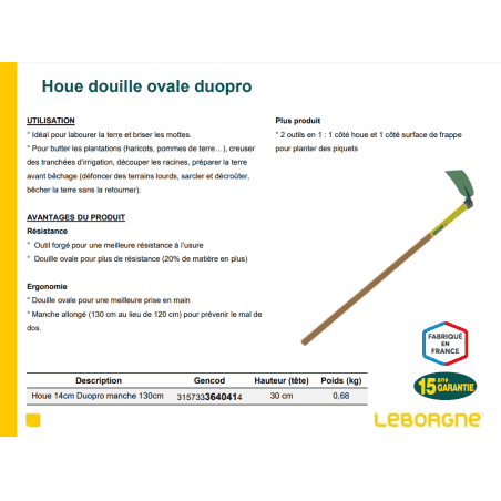 HOUE DUOPRO DOUILLE OVALE 52X35 FORGÉE 14 CM MANCHE BOIS 130CM PEFC 100%