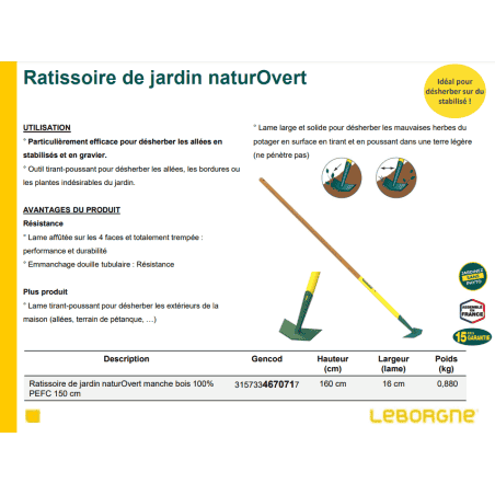 RATISSOIRE DE JARDIN NATUROVERT MANCHE BOIS 150 CM PEFC 100% + POIGNÉE ERGONOMIQUE RATISSOIRE DE JARDIN NATUROVERT MANCHE BOIS 150 CM PEFC 100% + POIGNÉE ERGONOMIQUE