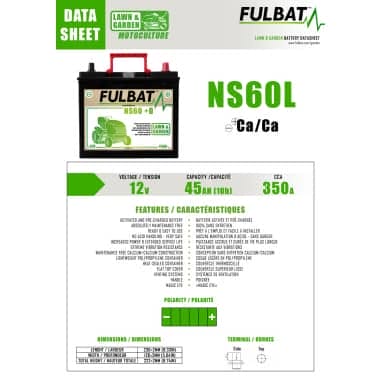 BATTERIE PRETE A L'EMPLOI NS60 12V 45Ah+G - L:236 l:128 H:222