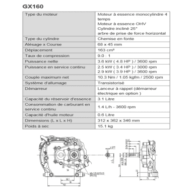 MOTEUR 163CC DIAM 20MM L:50MM REDUCTE 1/2 DM RV EC SH HONDA ENGINES