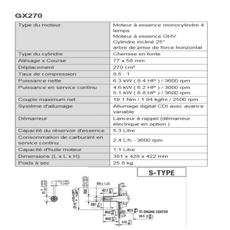MOTEUR 270CC DIAM 25.4MM L:72MM DM RV EC SH HONDA ENGINES