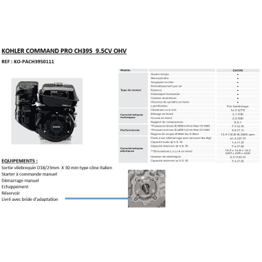 MOTEUR COMMAND CH395 277CC CONIQUE DIAM 18 /23MM DM RV EC KOHLER