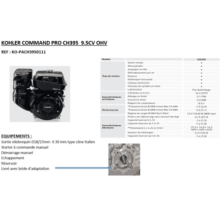 MOTEUR COMMAND CH395 277CC CONIQUE DIAM 18 /23MM DM RV EC KOHLER