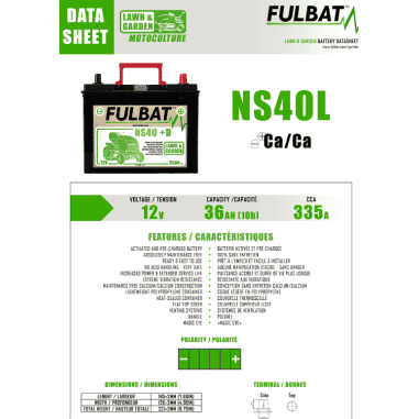 BATTERIE PRETE A L'EMPLOI NS40 12V 36Ah+D - L:195 l:126 H:221