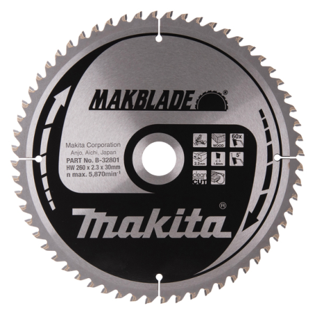 LAME CARBURE MAKBLADE BOIS 260X30MM 60D - B 32801 - 0088381421614 - D'ORIGINE MAKITA
