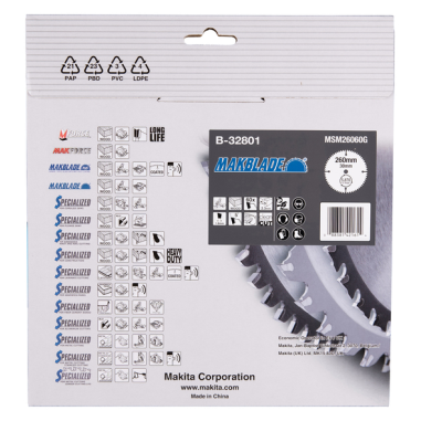 LAME CARBURE MAKBLADE BOIS 260X30MM 60D - B 32801 - 0088381421614 - D'ORIGINE MAKITA