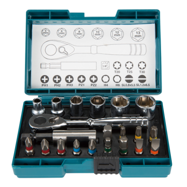 COFFRET EMBOUT (21pcs) AVEC CLE A CLIQUET / B 54081 / 0088381476966 - D'ORIGINE MAKITA
