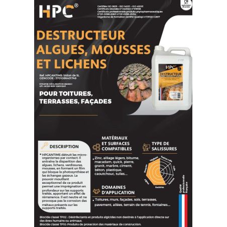 DESTRUCTEUR ALGUES MOUSSES ET LICHENS (BIDON 20L) - HPC