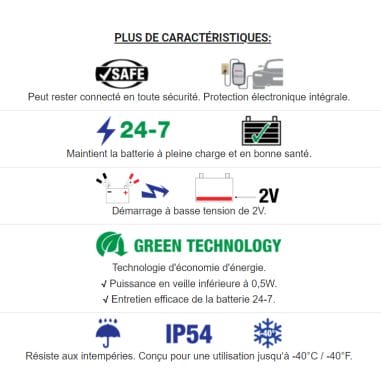CHARGEUR DE BATTERIE PLOMB/ACIDE de 2 - 0.8Amp - 3 à 96 Ah- 12V - 0.8Amp