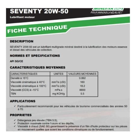 LUBRIFIANT 1L MOTEUR ESSENCE ET DIESEL (SPECIAL VEHICULES DE COLLECTION) - SAE 20W50 MINERVA