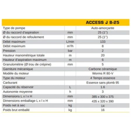 MOTOPOMPE 4 TEMPS ACCESS J8-25 133 litres/mn 8m3/h - ROBIN