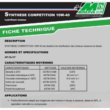 HUILE AUTOMOBILE MOTEUR COMPET 10W40 - 5L MINERVA