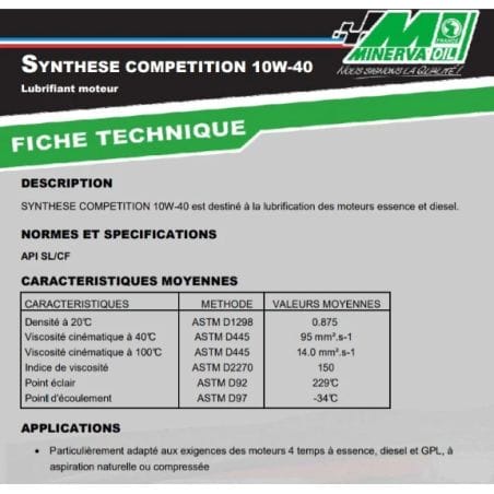 HUILE AUTOMOBILE MOTEUR COMPET 10W40 - 5L MINERVA