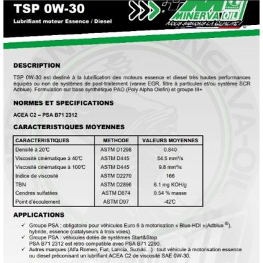 HUILE AUTOMOBILE MOTEUR TSP 0W30 - 5L MINERVA