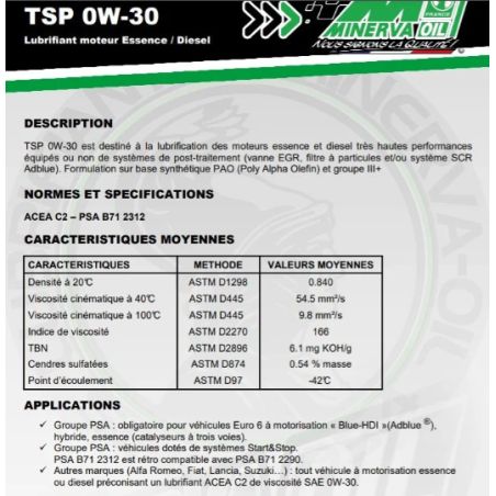 HUILE AUTOMOBILE MOTEUR TSP 0W30 - 5L MINERVA