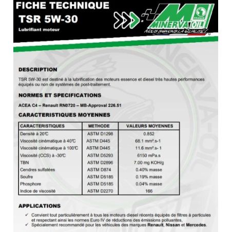 HUILE AUTOMOBILE MOTEUR TSR 5W30 - 5L MINERVA