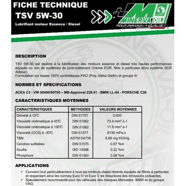 HUILE AUTO MOTEUR TSV 5W30 - 5L MINERVA