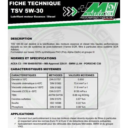 HUILE AUTO MOTEUR TSV 5W30 - 5L MINERVA